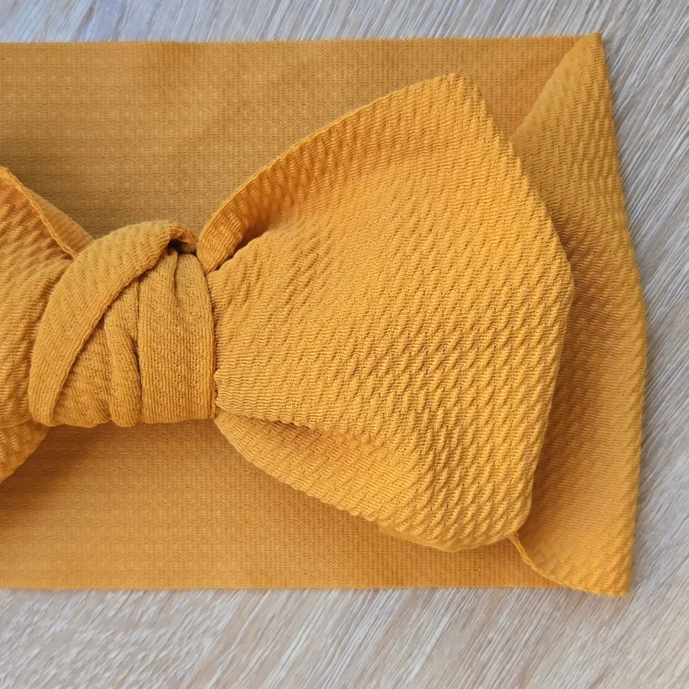 Baby Girl Mustard Yellow Big Bow Waffle Knit Headwrap Oversized Bowknot Headband